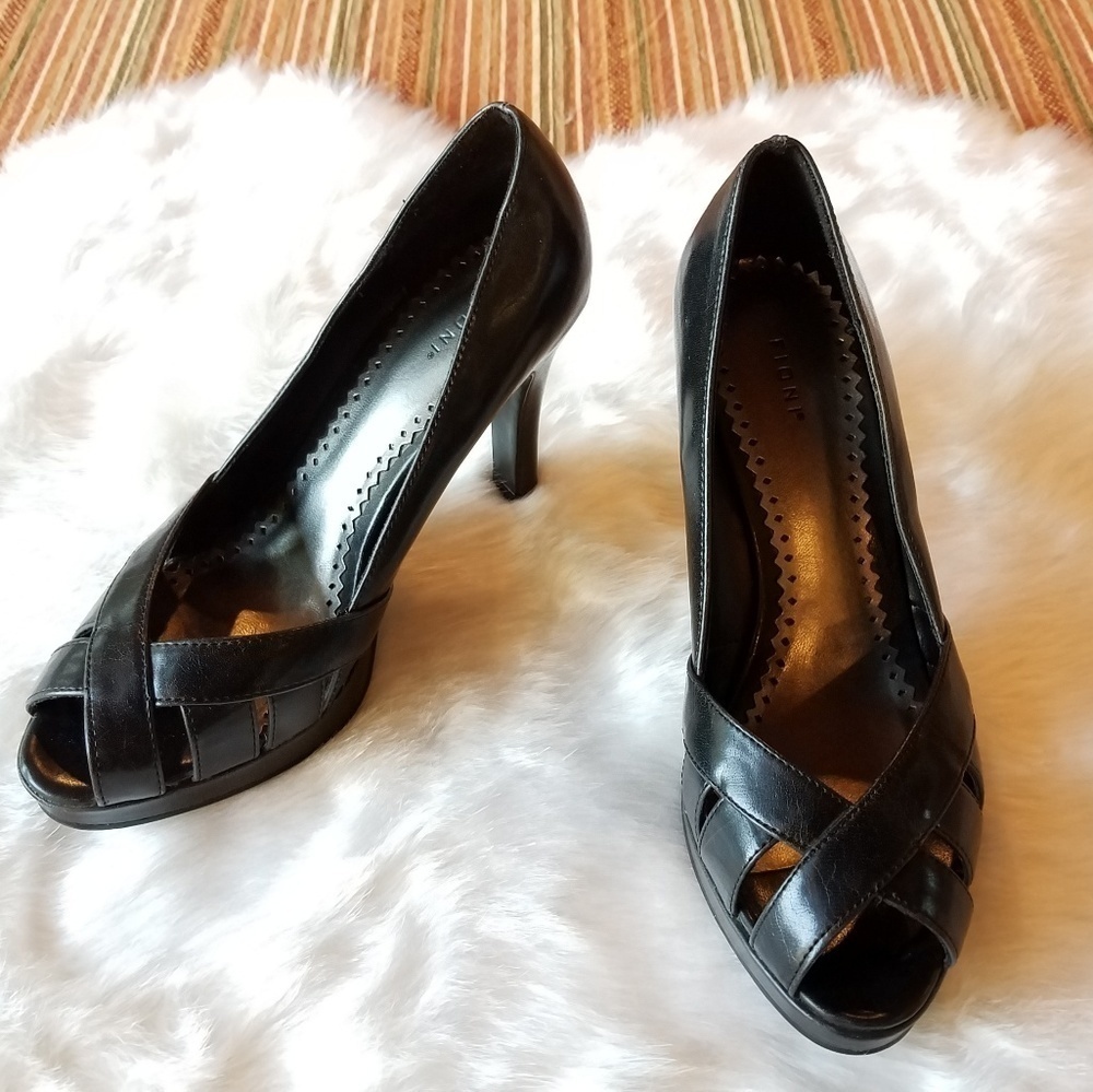 FIONI Black Vegan Peep-Toe High Heels